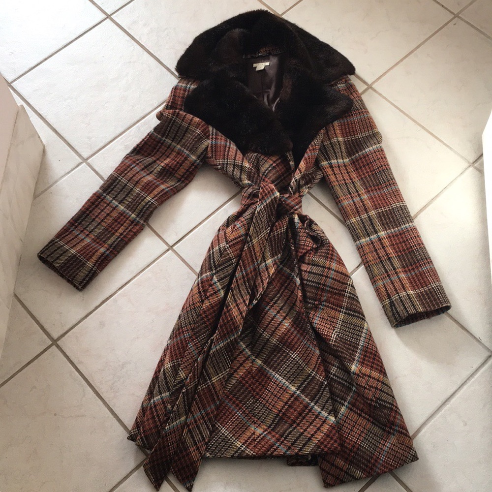 Faux Fur Collar Plaid Coat